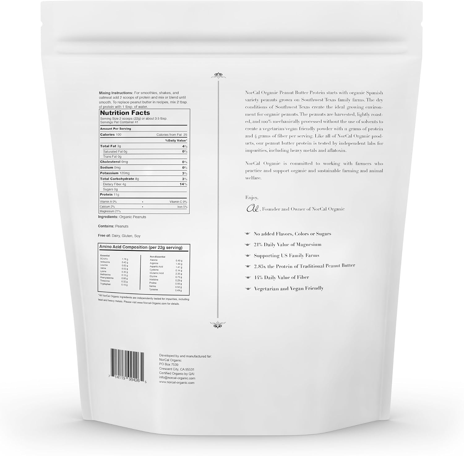 Norcal Organic Peanut Butter Protein Powder, Vegan, 11g Protein, 2 lb