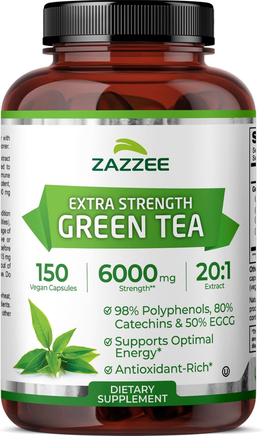Zazzee Extra Strength Green Tea 20:1 Extract, 50% EGCG, 150 Vegan Capsules | 98% Polyphenols, 80% Catechins, 5 Month Supply, Certified Kosher, Antioxidant & Metabolism Support, Non-GMO, Made in the USA