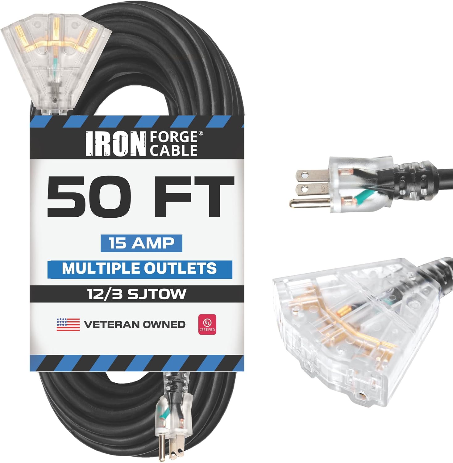 Iron Forge Cable 12 Gauge Extension Cord Multi Outlet, 10 Ft - Black SJTW