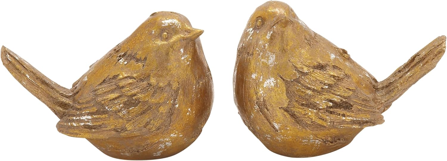 Deco 79 Polystone Bird Decorative Sculpture Home Decor Statues, Set of 2 Accent Figurines 8"W, 6"H, Gold