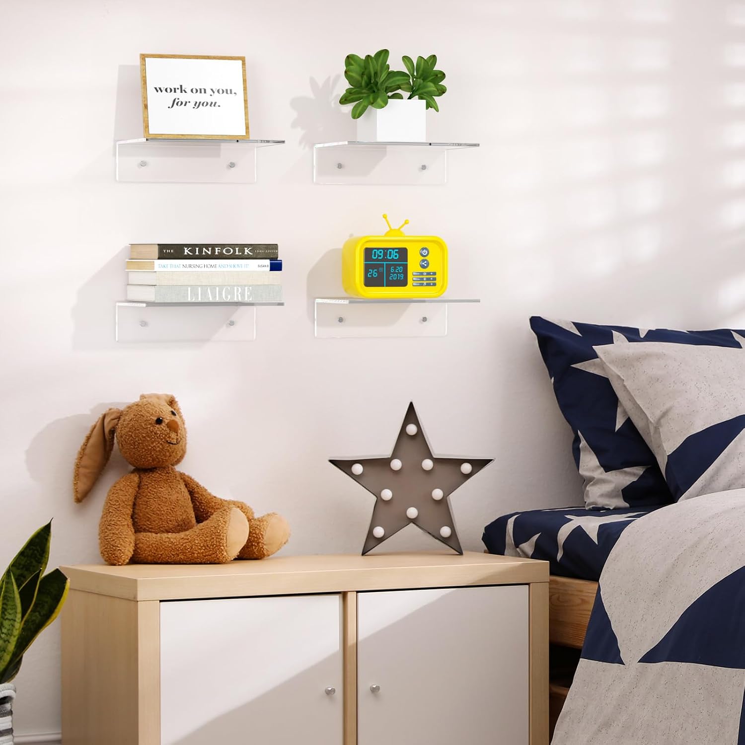 FEMELI 2 PCS 12" Acrylic Floating Shelves, Clear Shelf for Wall Display