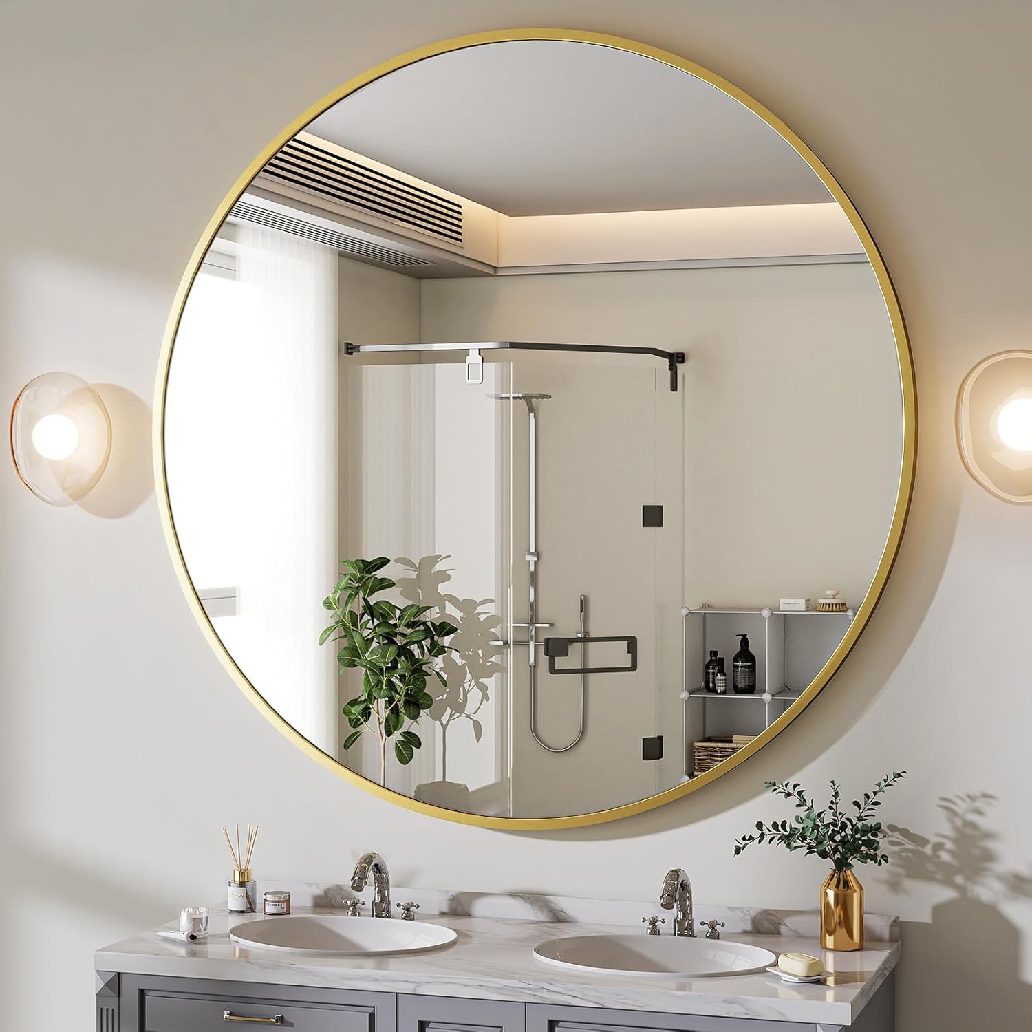 BEAUTYPEAK 24 Inch Round Mirror, Metal Frame Circle Mirror, White