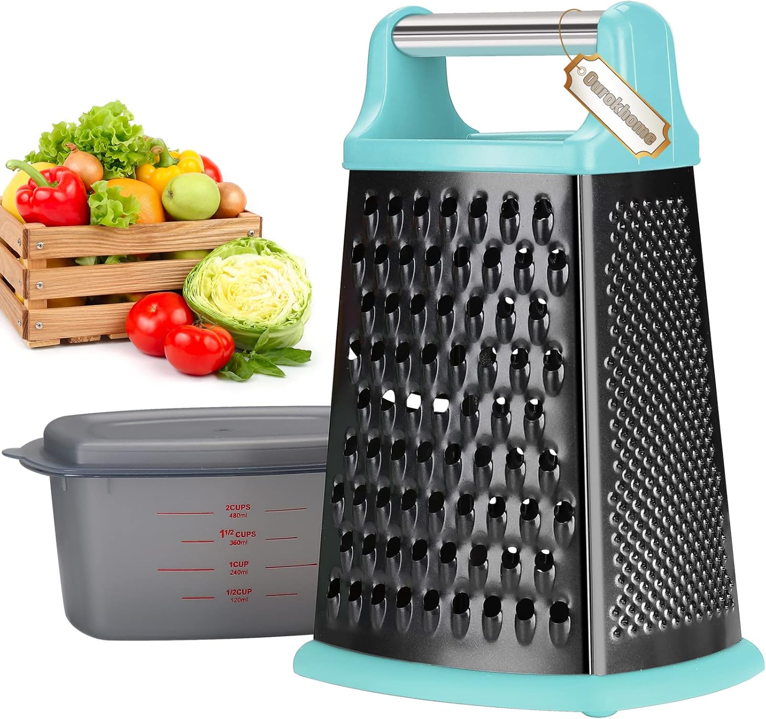 Ourokhome Cheese Grater with Handle, Stainless Steel Box Grater, 4 Side Kitchen Vegetable Shredder Slicer Zester with Container for Parmesan, Cabbage