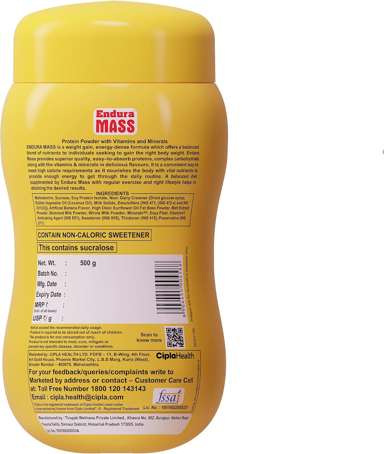 Endura Mass Weight Gainer Powder 500g Banana Flavour | Unique blend of 3 Sources of Protein, Carbs