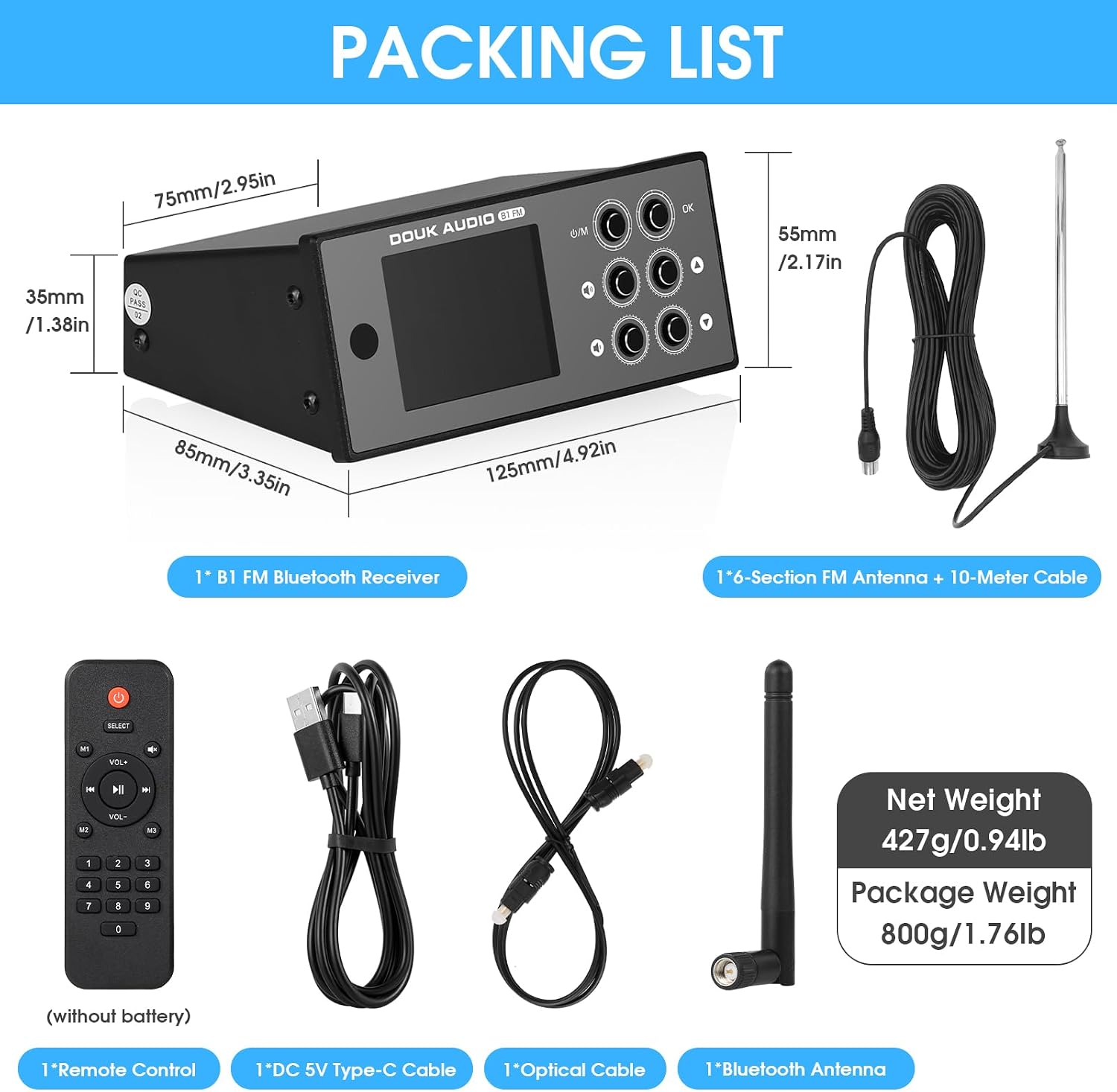 Douk Audio B1FM Bluetooth 5.1 Receiver DAC, HiFi Stereo Music Player with LDAC & aptX HD, Premium FM Radio, Optical & Coaxial Digital Outputs