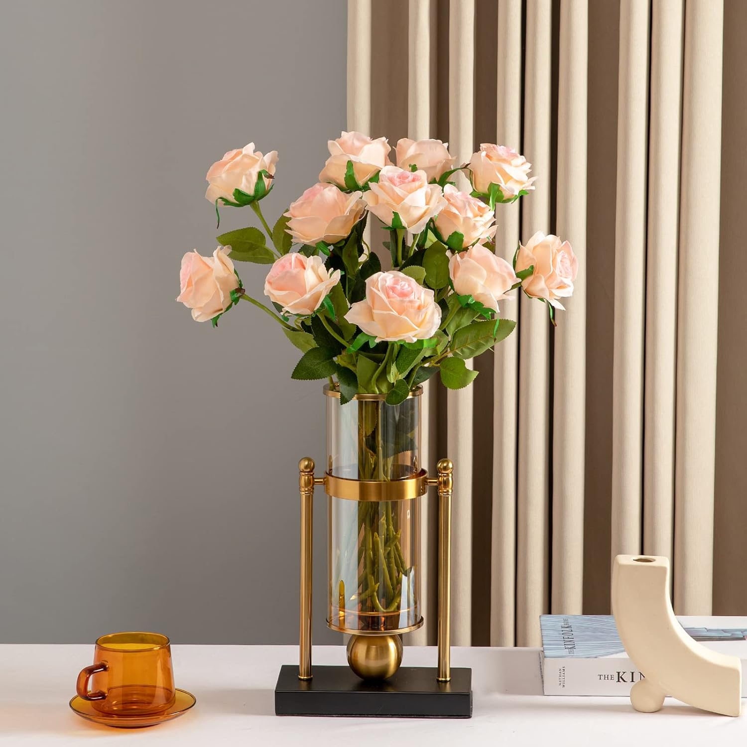 Hawesome 12PCS Artificial Silk Flowers Realistic Roses Bouquet Long Stem for Home Wedding Decoration Party (Yellow, 6 Flowers 6 Buds)
