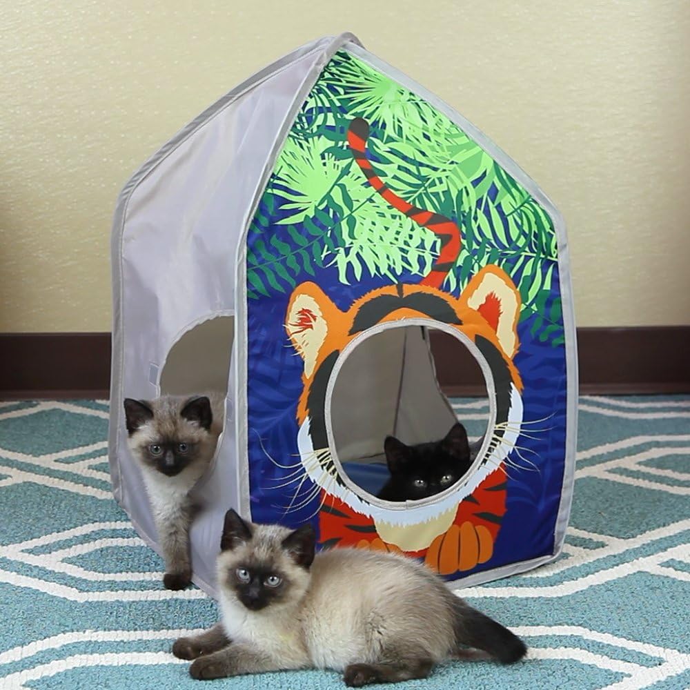 Kitty City Safari Jungle Pop-Up Cat Cube, Collapsible Indoor Cat Hideout & Play Cube with Peekaboo Openings, Easy Storage, 15” x 15” x 15”