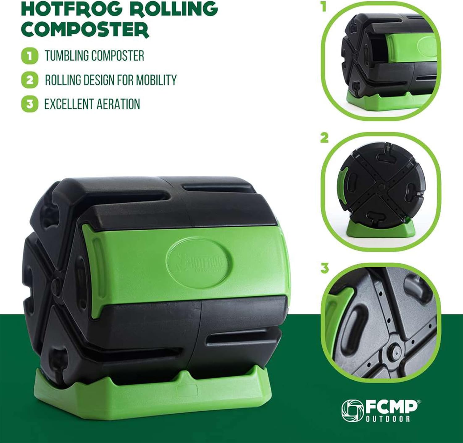 FCMP Outdoor HOTFROG Rolling Single Chamber Batch Tumbling Composter - Outdoor Rotating Garden Compost Bin (HF-RC4000WB) Black & Green (37-Gallon)