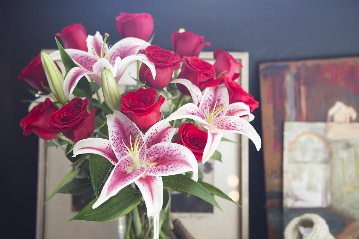 KaBloom-6 Red Rose&3 Pink Lily Bouquet,Flowers for Valentine, Mother's Day