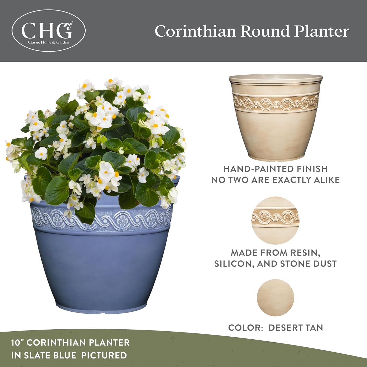 GROWSCAPE Corinthian Round Planter Pot w/Drainage Holes, 8" Desert Tan