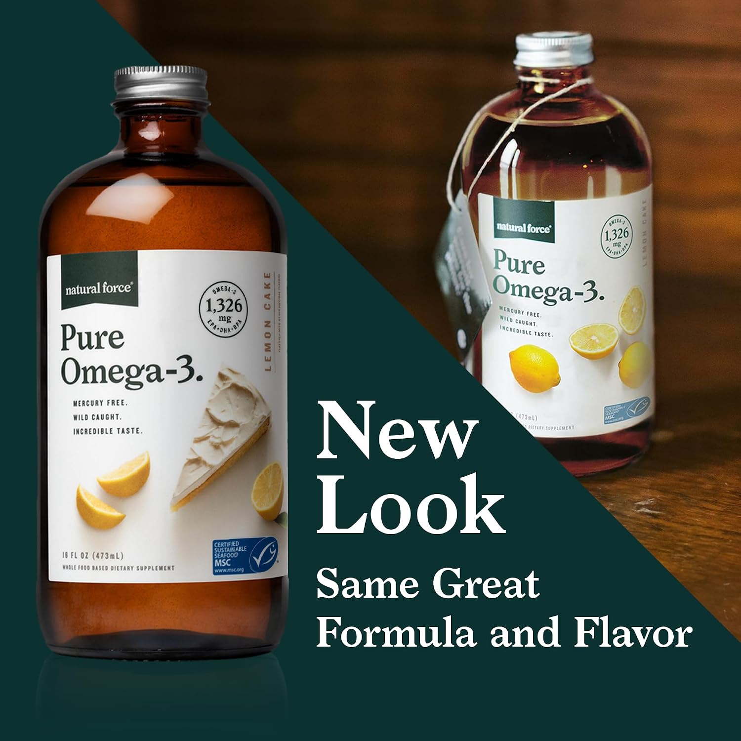 Natural Force Pure Omega 3 - Liquid Fish Oil - Delicious Lemon Cake Flavor - Mercury Free, Wild Caught, Lab Tested - 1, 326 mg Triglyceride EPA, DHA