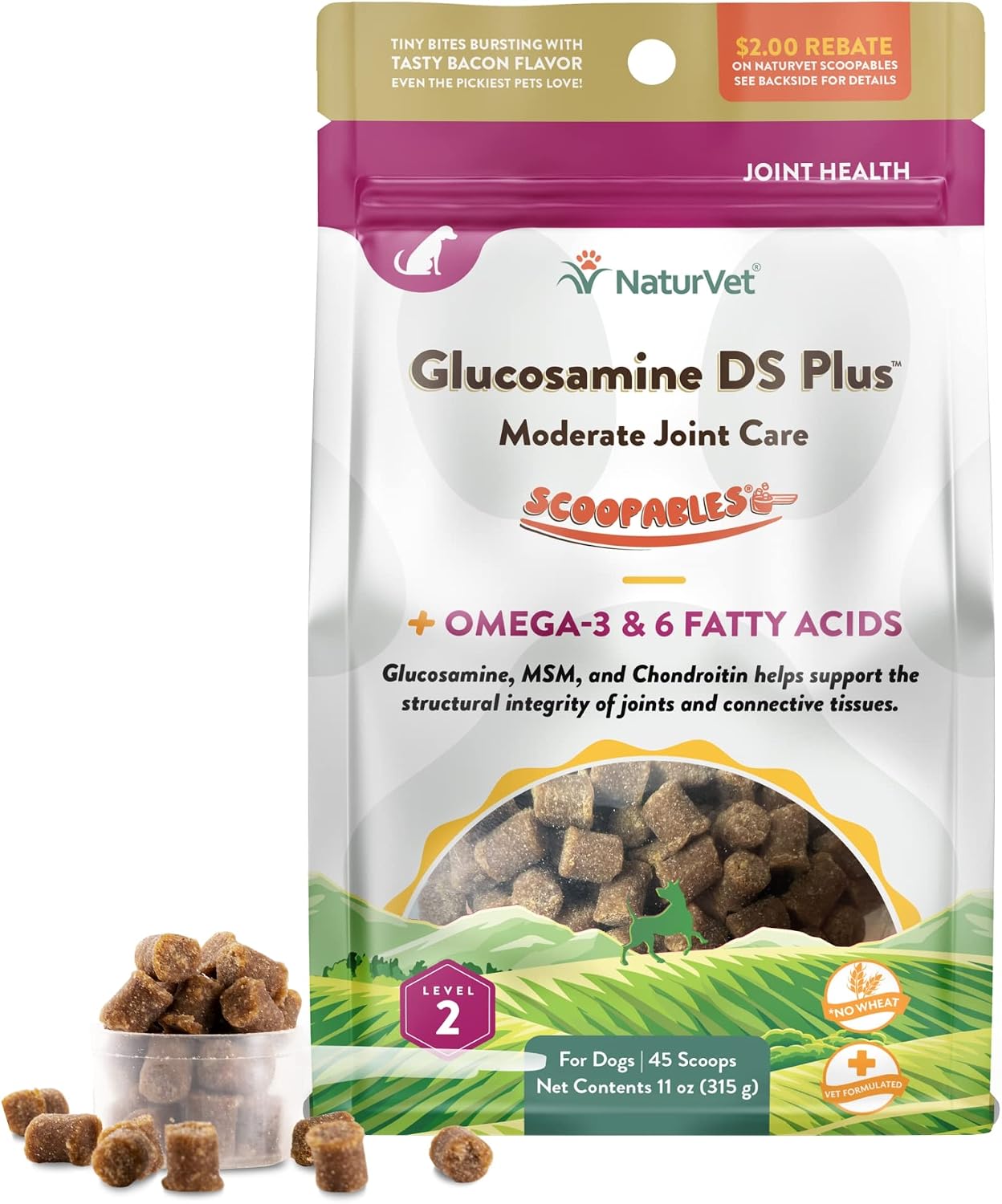 NaturVet – Glucosamine DS Plus - Level 2 Moderate Care – Supports Healthy Hip & Joint Function – Enhanced with Glucosamine, MSM & Chondroitin – for Dogs & Cats–70 Soft Chews