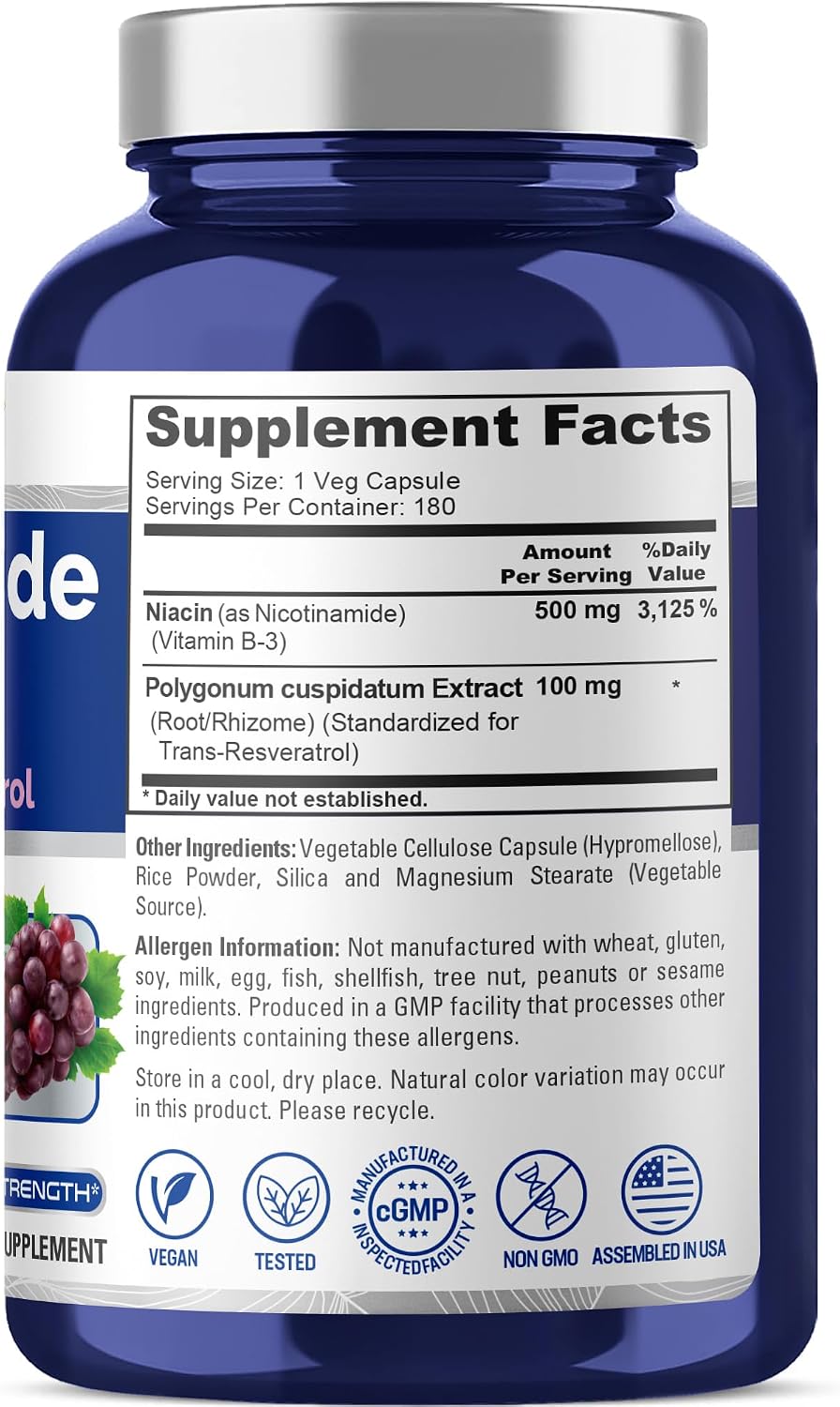 Nicotinamide & Vitamin B-3, Non-GMO, Vegan, 500mg, 180 Caps - 180 Servings