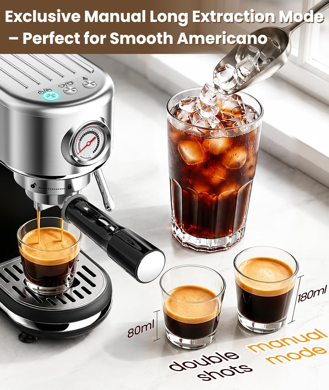 atatix 20 Bar Espresso Machine with Milk Frother, Compact Espresso Maker | Stainless Steel Coffee Machine with Precise Temp Control, 44oz Removable Water Tank for Latte, Cappuccino, White