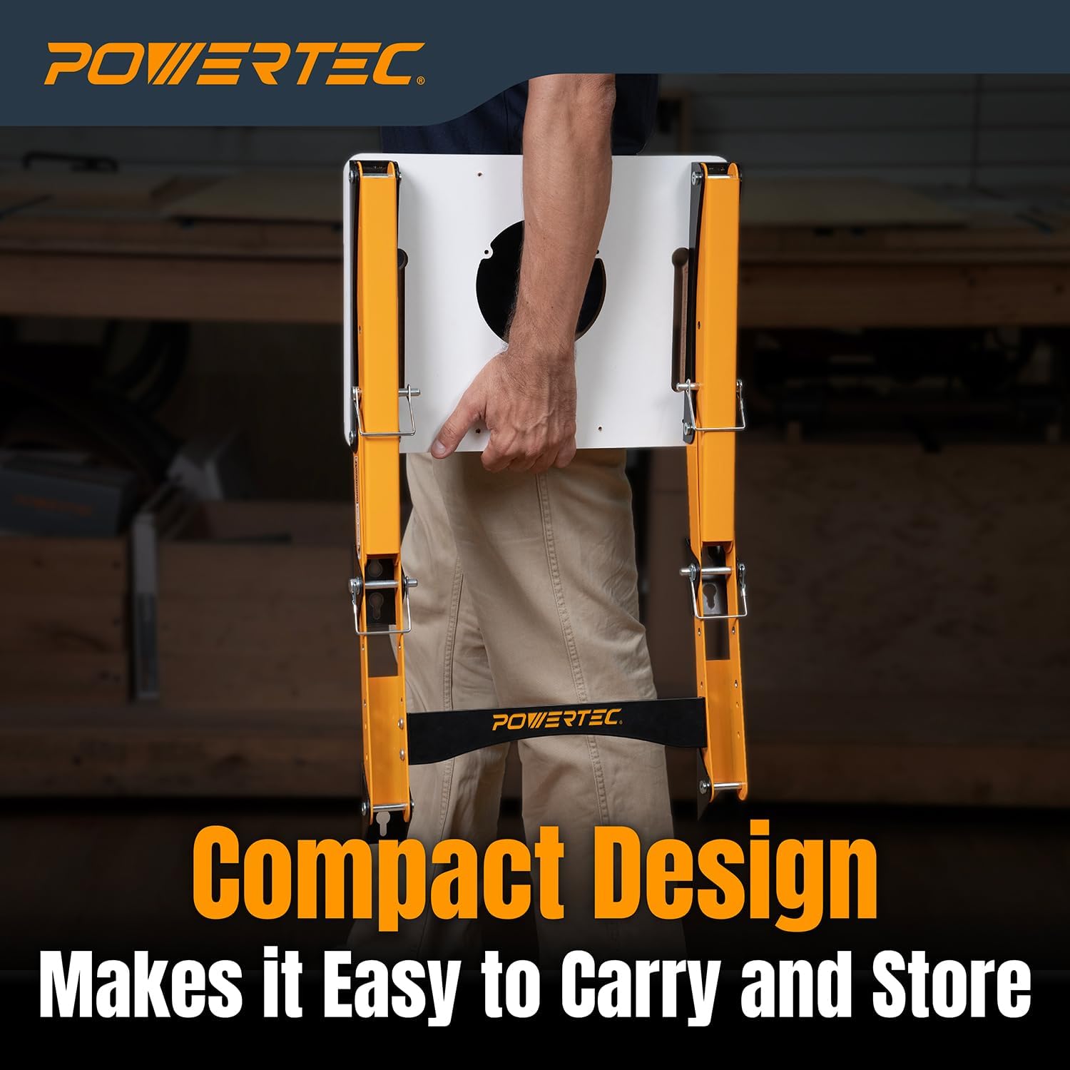 POWERTEC Folding Router Table Stand – Adjustable Height Workstation Base for 11-1/2" x 15-1/2" Trim Router Tables, Wall-Mount Ready