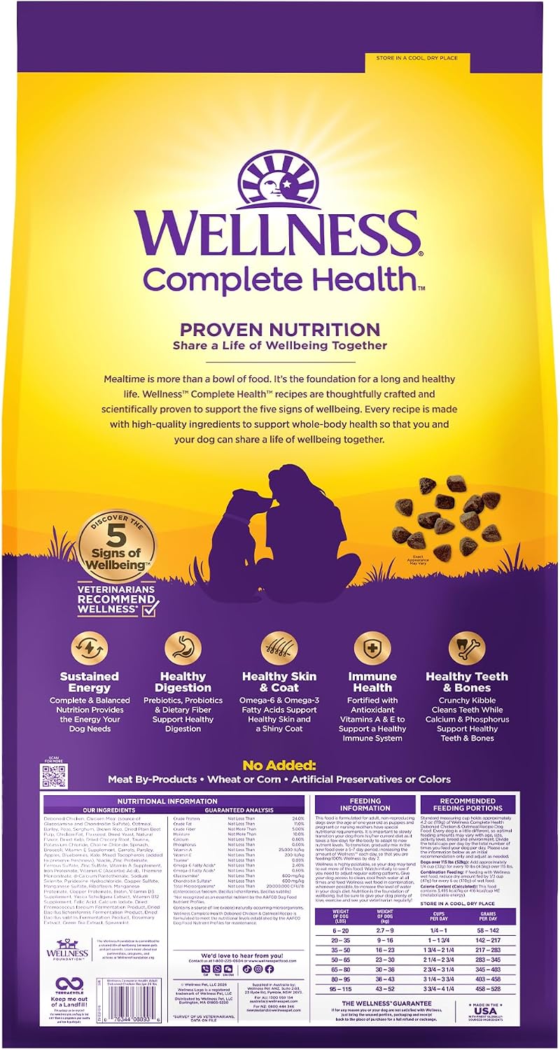 Wellness Complete Health Adult Dry Dog Food, Wholesome Grain Kibble, Natural, Chicken and Oatmeal Recipe, 5 lb Bag