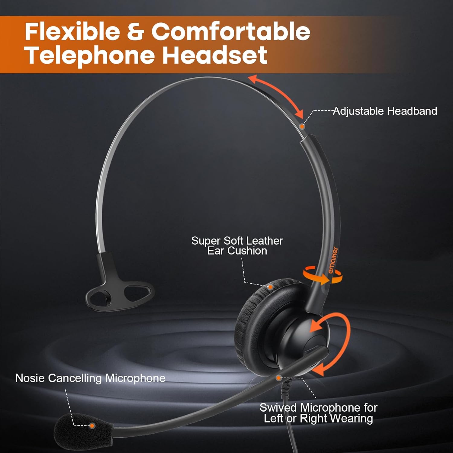 Lightweight Telephone Headset with 2.5mm Bottom Cable and Mute Button for Office Calls, Works with Cisco Polycom Panasonic Landline IP Desk Phones