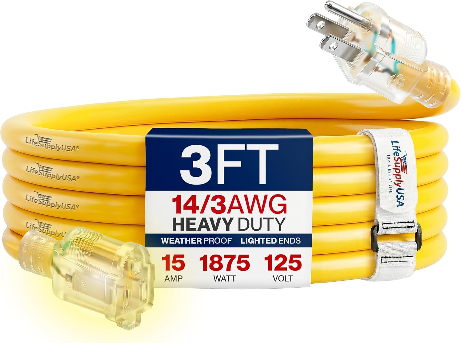 25ft Outdoor/Indoor Extension Cord 12/3 Gauge Extra Heavy Duty 3 Prong SJTW, Waterproof, Flexible Cold-Resistant Long Power Cord,15A 125V 1875W, Yellow by LifeSupplyUSA