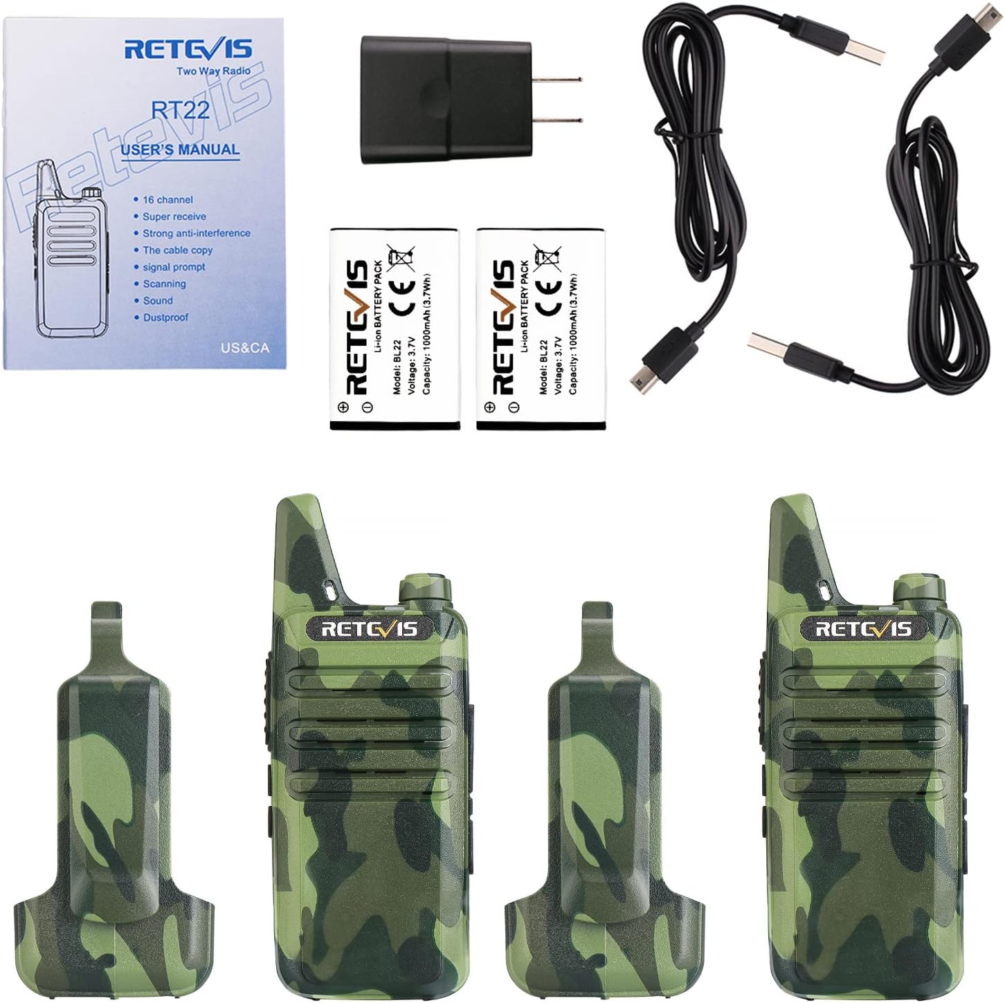 Retevis RT22 Compact & Lightweight FRS Walkie Talkies Long Range (4 Pack) | For Small Business, Camping, Hiking, Cruise, Safe Short Antenna, Comfortable to Carry, Loud & Clear Audio, USB-C