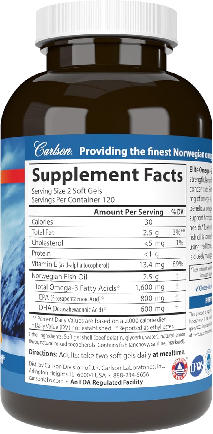 Carlson Elite Omega-3 Gems, 1600 mg, from Norway, Lemon, 90 + 30 Softgels | Omega-3 Fatty Acids Including EPA and DHA; Wild-Caught Fish Oil Supplement; Sustainably Sourced Omega 3 Fish Oil Capsules
