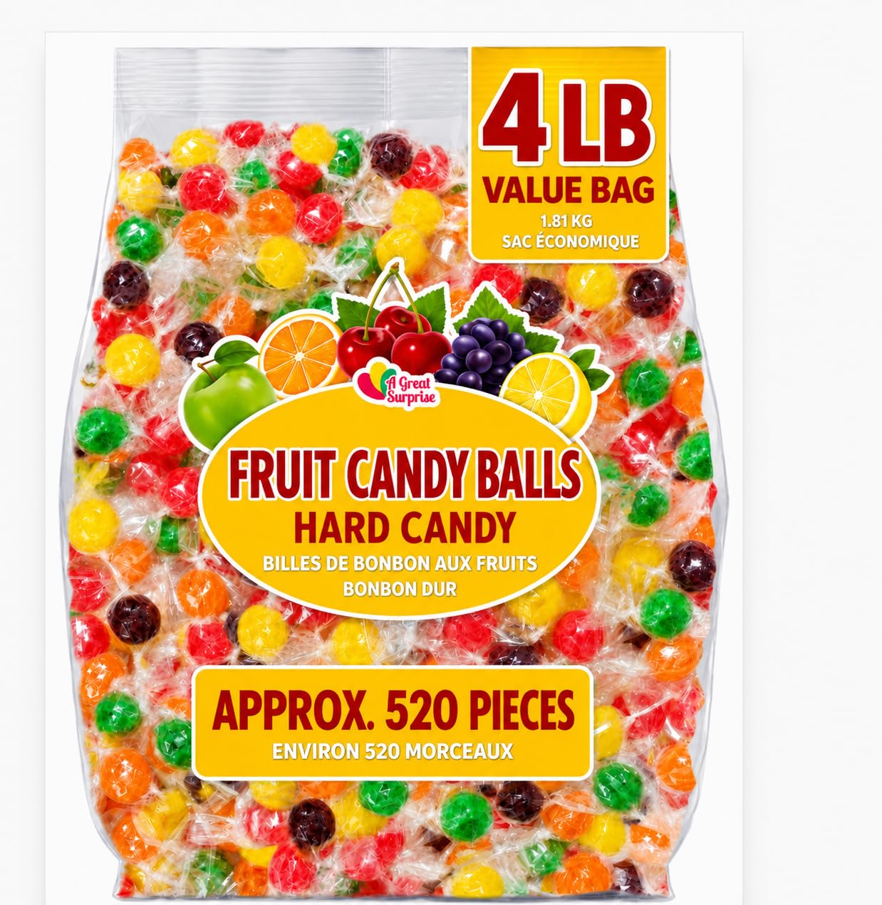 Assorted Fruit Balls Hard Candy, 4 lb Sour Variety, Office Candies | Approx. 520 Pcs, orange, lemon, grape, green apple and cherry sweets for offices, desks, classrooms