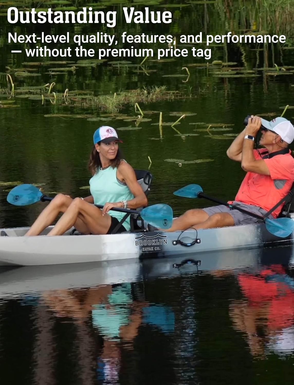BKC Brooklyn 12.5 Tandem Fishing Kayak, 2 to 3 Person Sit-on-Top | 600 lb capacity, 2 padded seats, 2 paddles, 6 rod holders, motor-ready mount, for lakes, rivers and coastal water