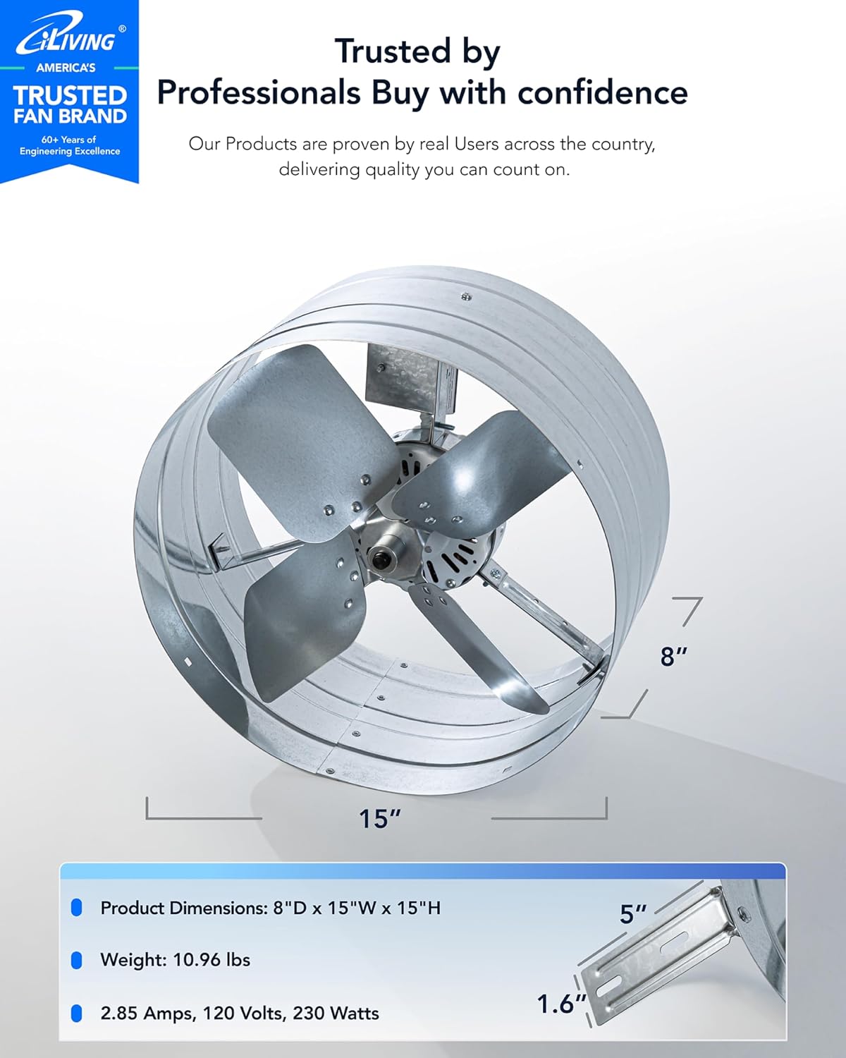 iLiving ILG8G14-12T Automatic Gable Mount Attic Ventilator Fan with Adjustable Thermostat, 2.85 Amp, 2339 CFM, Single-Speed | Automatic