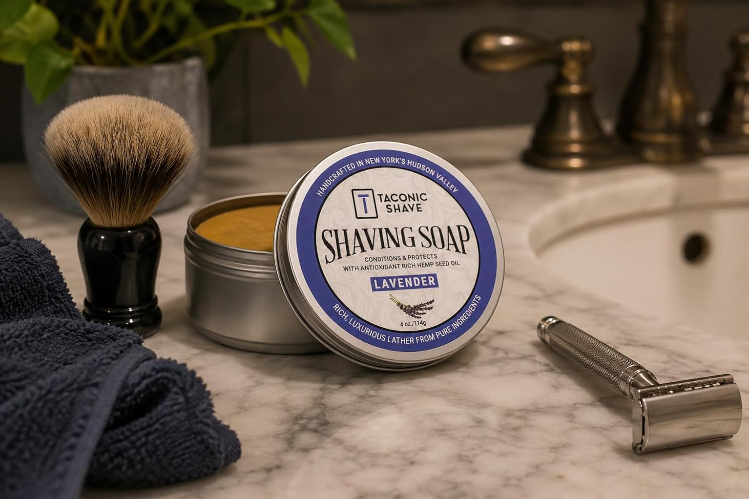 Taconic Lavender Natural Shaving Soap Puck, Rich Lather | Calming lavender aroma pairs with moisturizing natural oils to build rich protective lather for a comfortable wet shave.