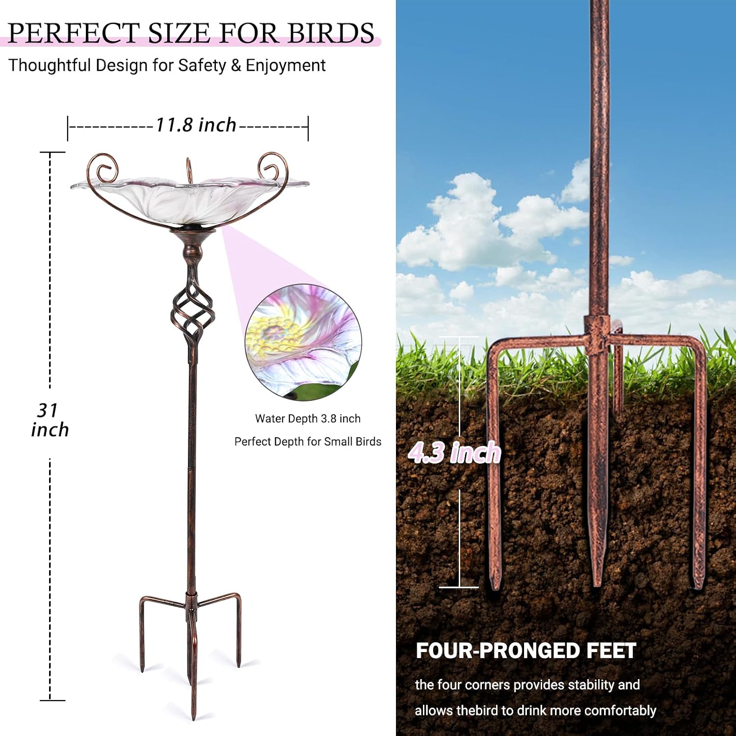 VCUTEKA Glass Bird Bath Outdoor Birdfeeder with Metal Stake Garden Decor