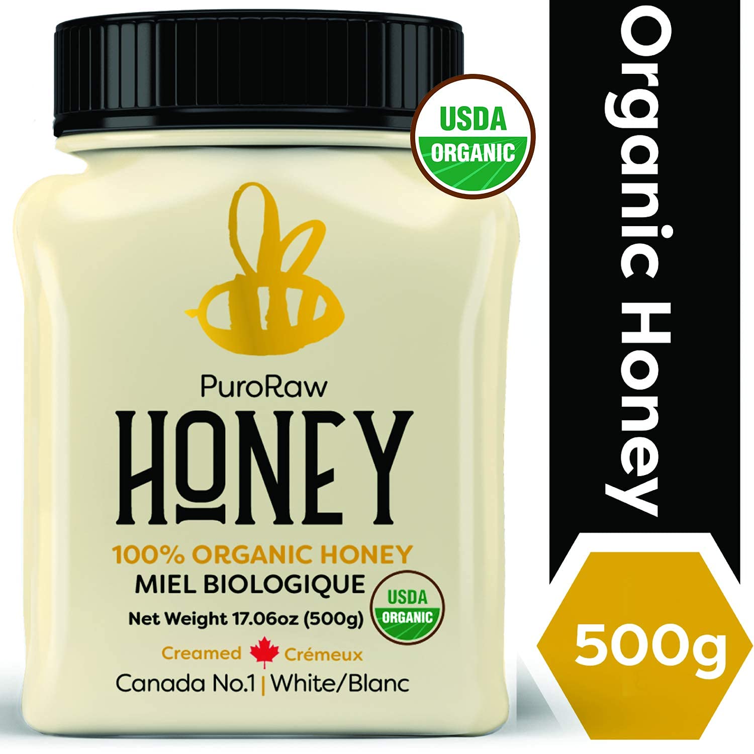 Organic Raw Honey, Pure Unfiltered Raw White Honey from the Canadian Prairies by PuroRaw, Kosher, 17.5oz