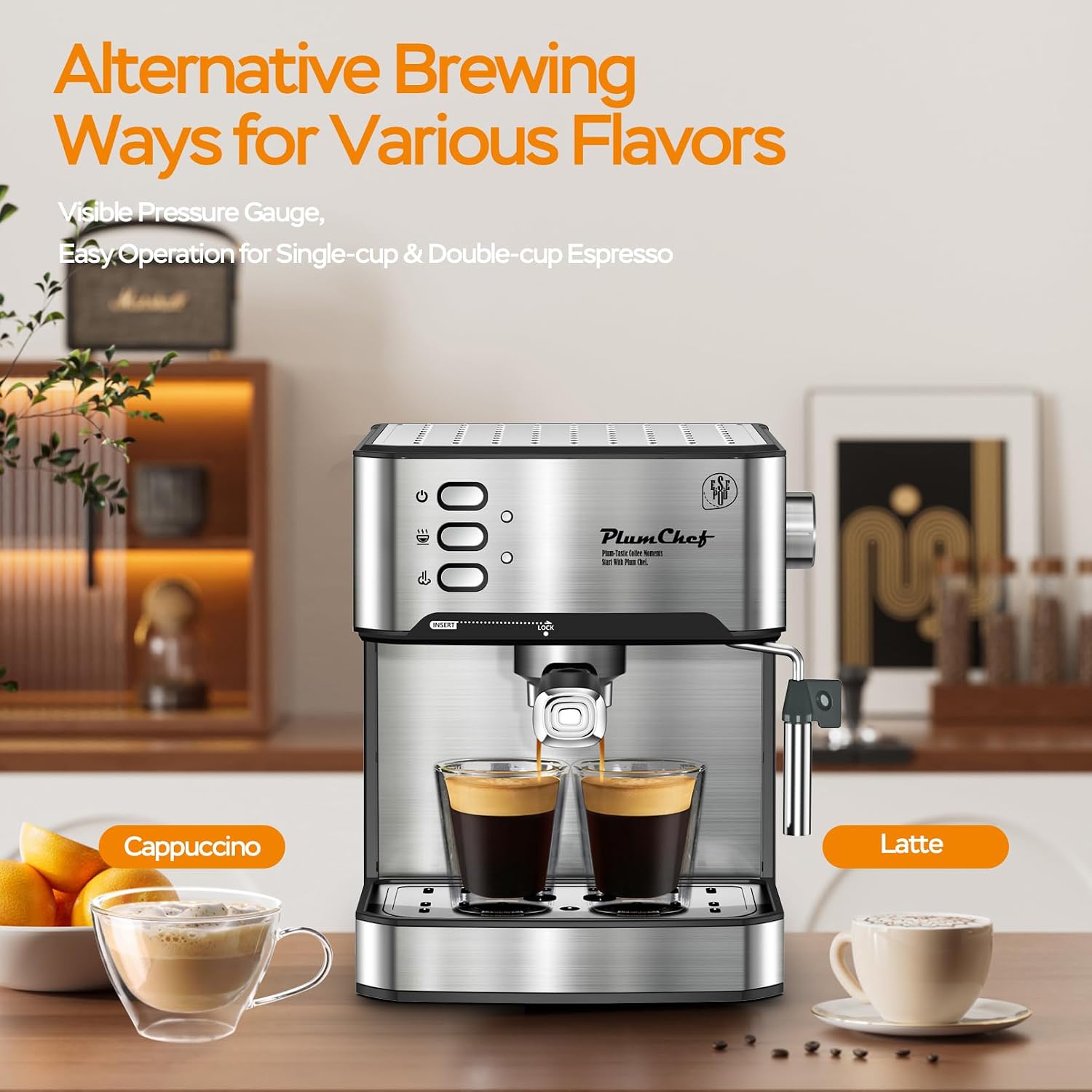 Plum chef Espresso Machine 20 Bar, Household Coffee Maker with Milk Frother Steam Wand, Pressure Gauge, 54oz Large Water Tank, Low Noise Fast Brew for Cappuccino Latte Macchiato Home Office