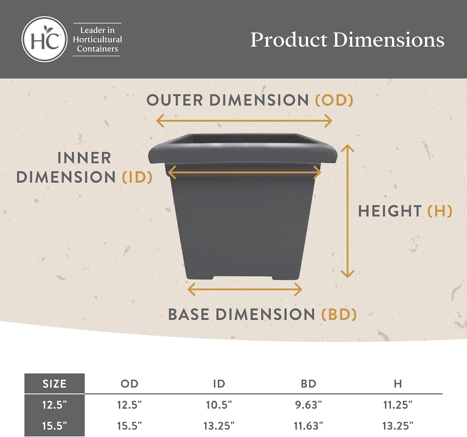 The HC Companies Accent Square Plant Pot w/Drainage - Classic Planters for Outdoor Plants & Indoor Plants - Lightweight & UV-Resistant Square Planter Box (15.5”, Sandstone, Pack of 1)