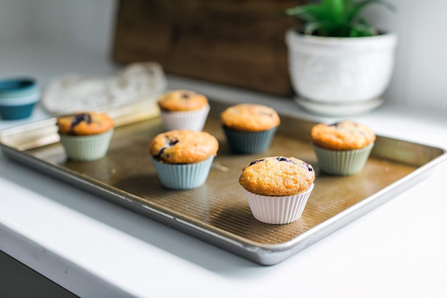The Silicone Kitchen Reusable JUMBO Silicone Baking Cup, Non-Toxic, BPA Free, Dishwasher Safe, Jumbo, 12 Pack, White Blue Green