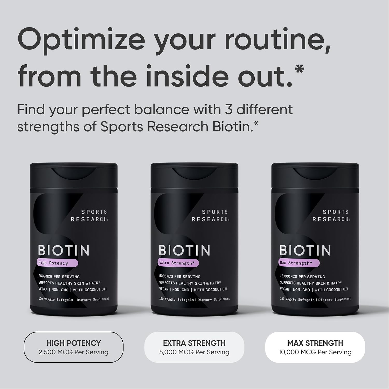 Sports Research® Biotin 10,000mcg w/Coconut Oil, 120 Count Plantgels™ | Max Strength Vegan Biotin (Vitamin B7) for Healthy Skin and Hair Support | Non-GMO, Gluten & Soy-Free, 120 Servings