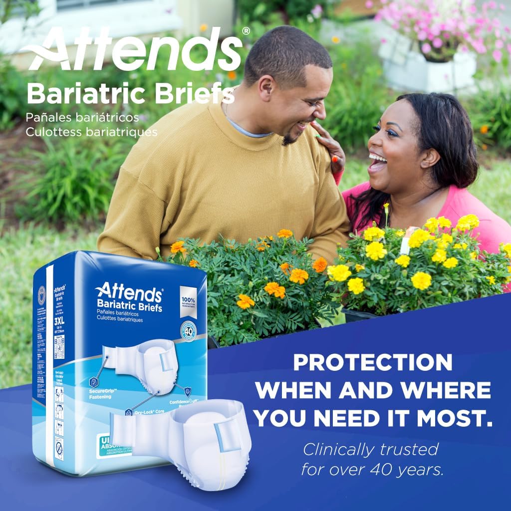 Attends Bariatric Incontinence Disposable Briefs, XX-Large, 63"-70" Waist with Tab Closures, Ultimate Absorbency, Dry-Lock Containment Core and ConfidenceCuff Leakage Protection, 2XL 48ct Case