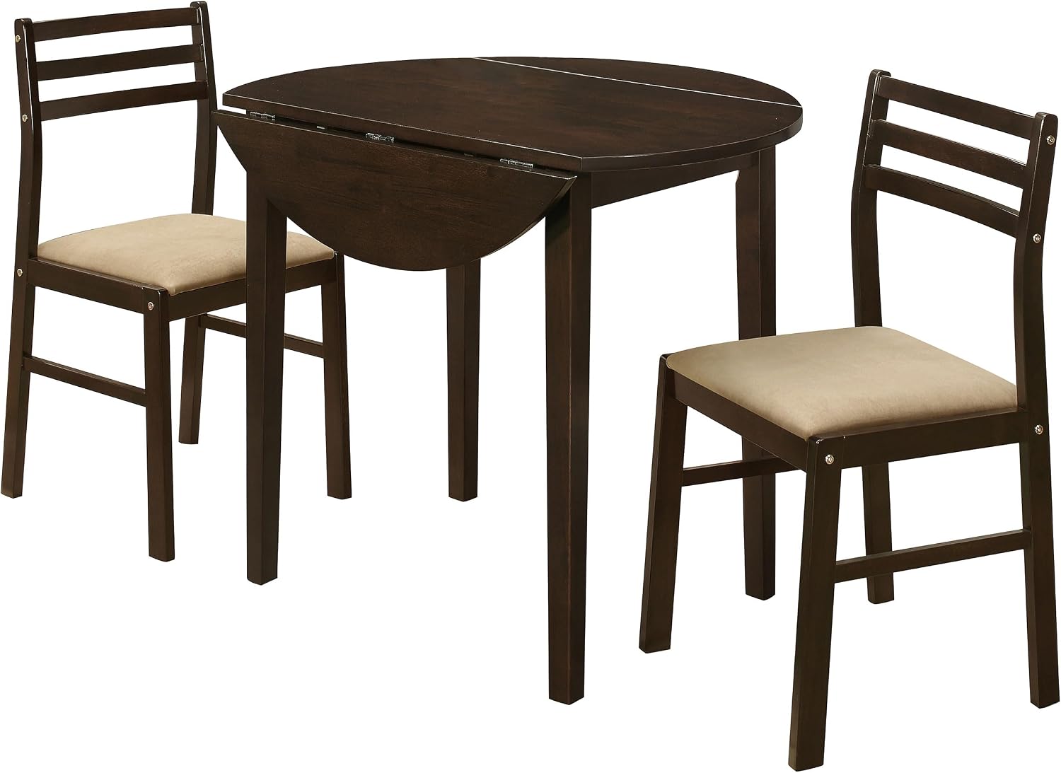Coaster Home Furnishings 3-Piece Round Wood Dining Room Set Drop Leaf Extension Table Ladder Back Side Chairs Upholstered Seat Cushions Cappuccino