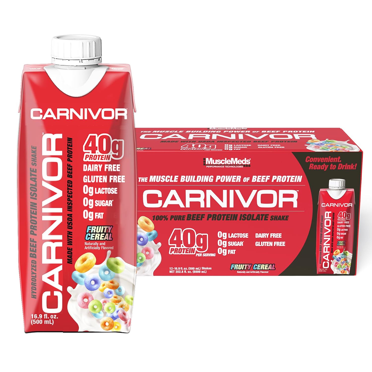 MuscleMeds Carnivor RTD, Ready to Drink Protein, Lactose Free, Sugar Free, 40g Isolate Protein, Muscle Building, Recovery, Chocolate, 16.9 Fl Oz (Pack of 12)