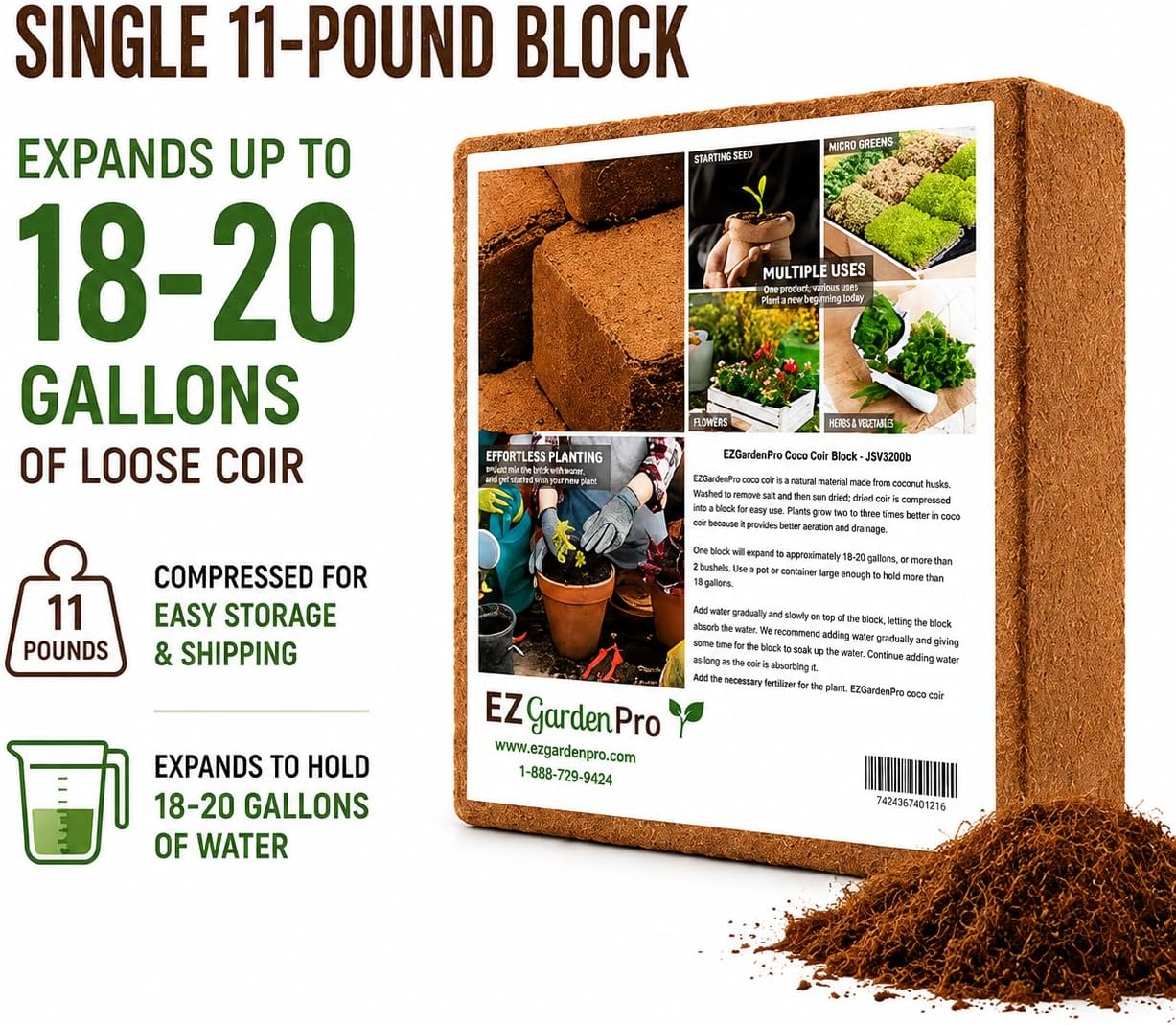 UBICON Organic Coco Coir Growing Medium 11 Pound Block | Expands to Approximately 20 Gallons | Ideal for Gardens and Raised Beds | Excellent