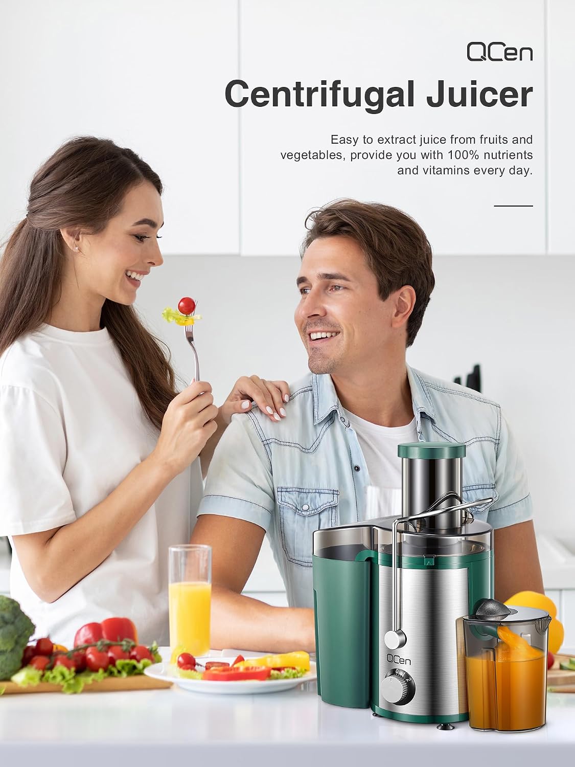 QCen Juicer Machine 500W Centrifugal Juicer with Extra Wide Feed Chute
