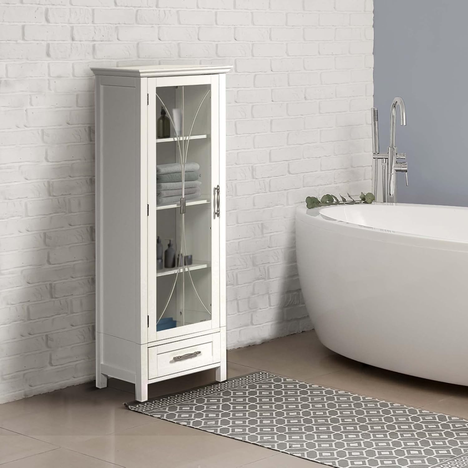 Teamson Home Avery Wooden Bathroom Linen Tower Cabinet with 1 Drawer 3 Adjustable Interior Shelves and 6 Storage Spaces, Oiled Oak