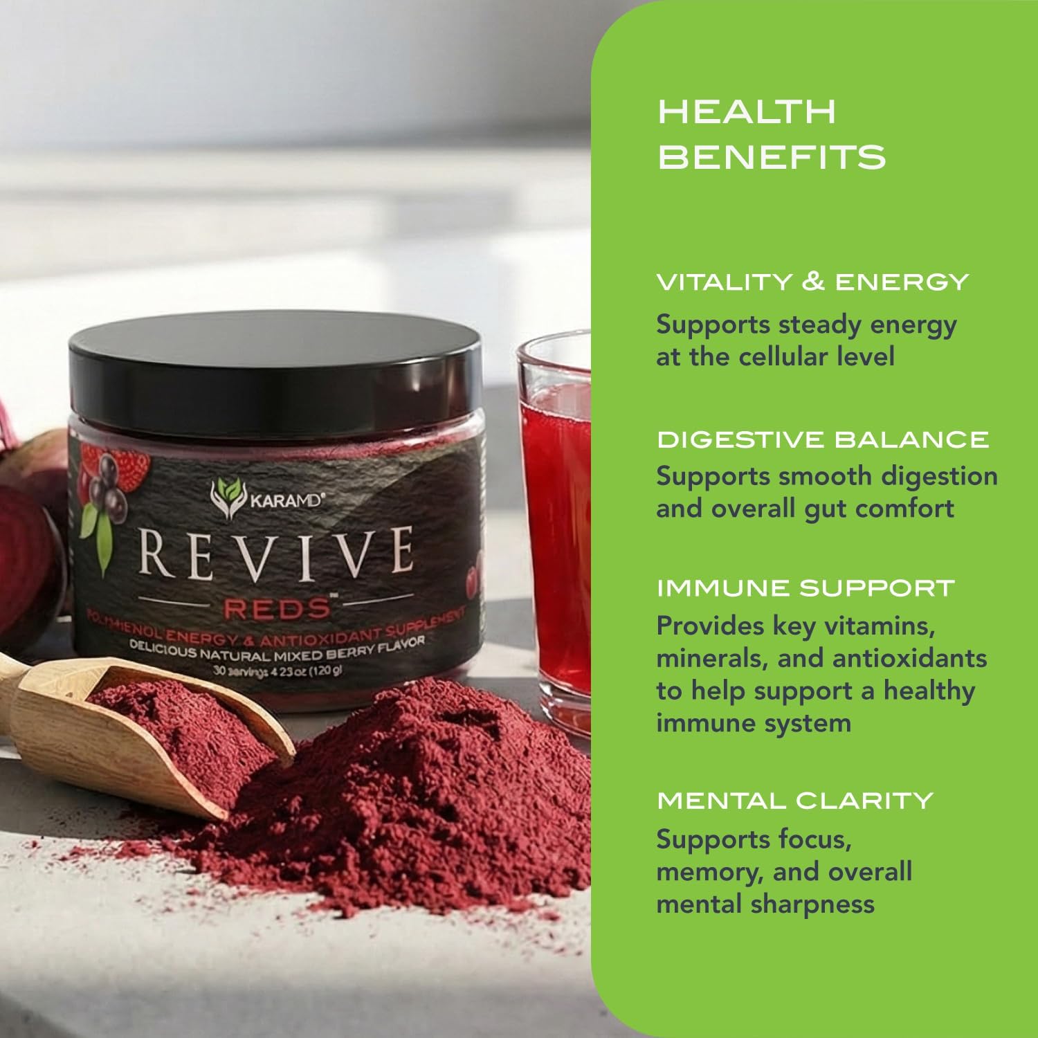 KaraMD Revive Reds, Natural Energy Boosting Superfood Powder, 30 Servings | Concentrated Polyphenol Blend