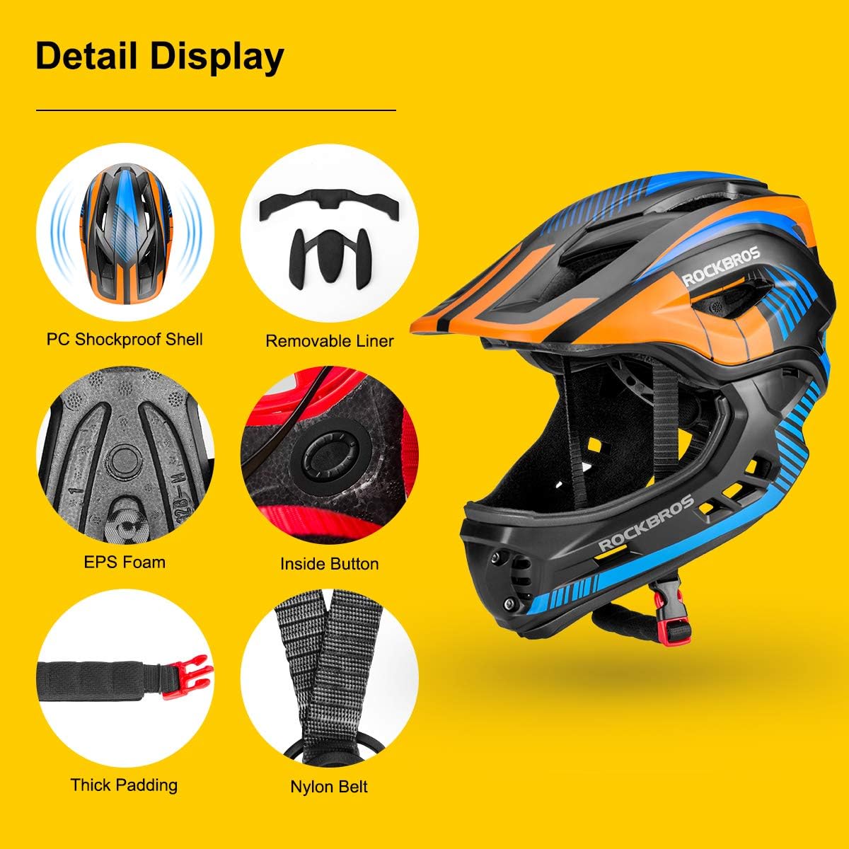 ROCKBROS Kids Full Face Bike Helmet Lightweight Detachable MTB Helmet