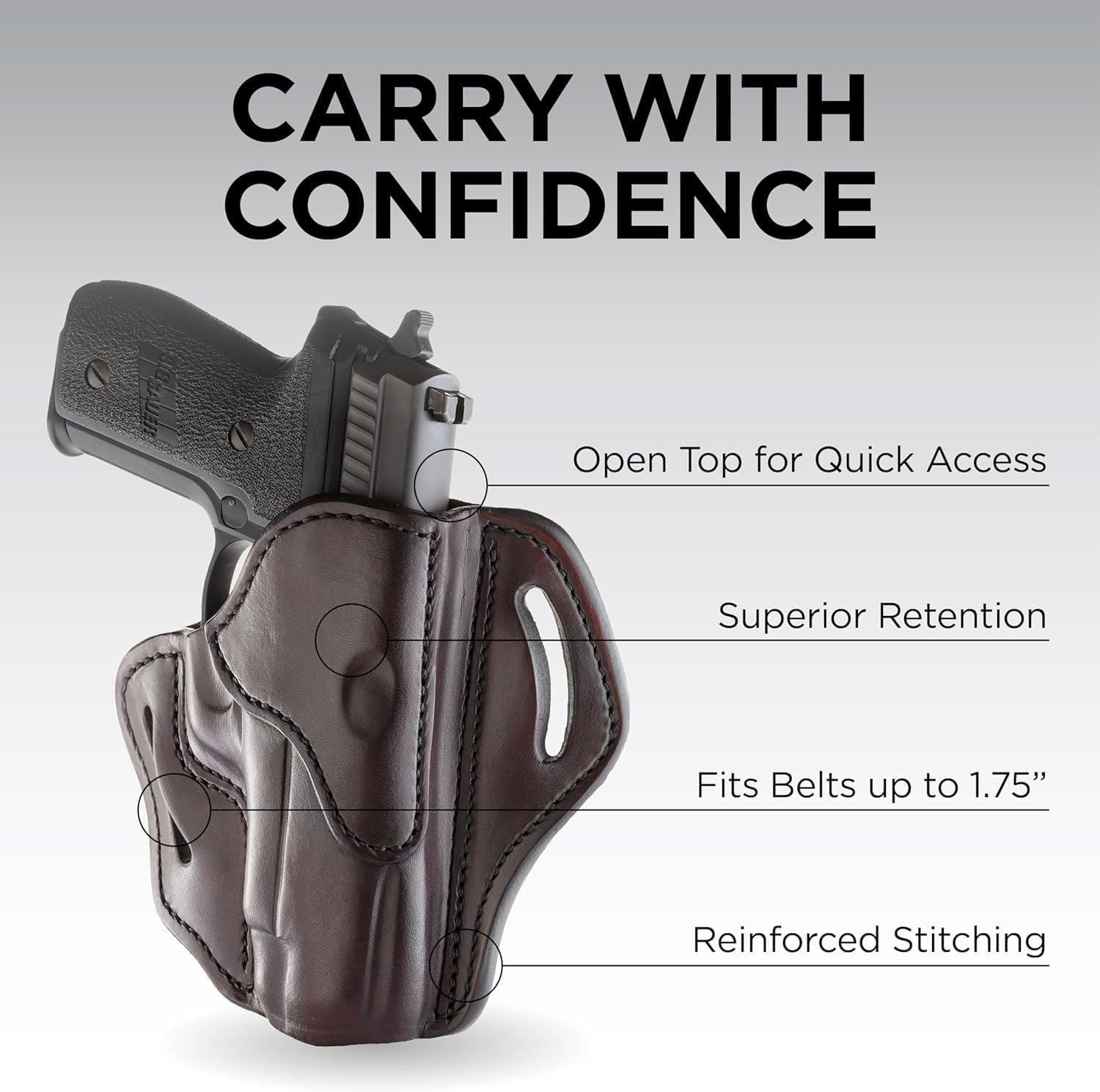 1791 Gunleather OWB Holster, Fits Sig P226, P220, P229, Beretta 92FS, VP9 | Right-handed leather gun holster also fits Beretta M9, Glock 17, 20, 21, 22, Springfield XD and 1911 with full rail