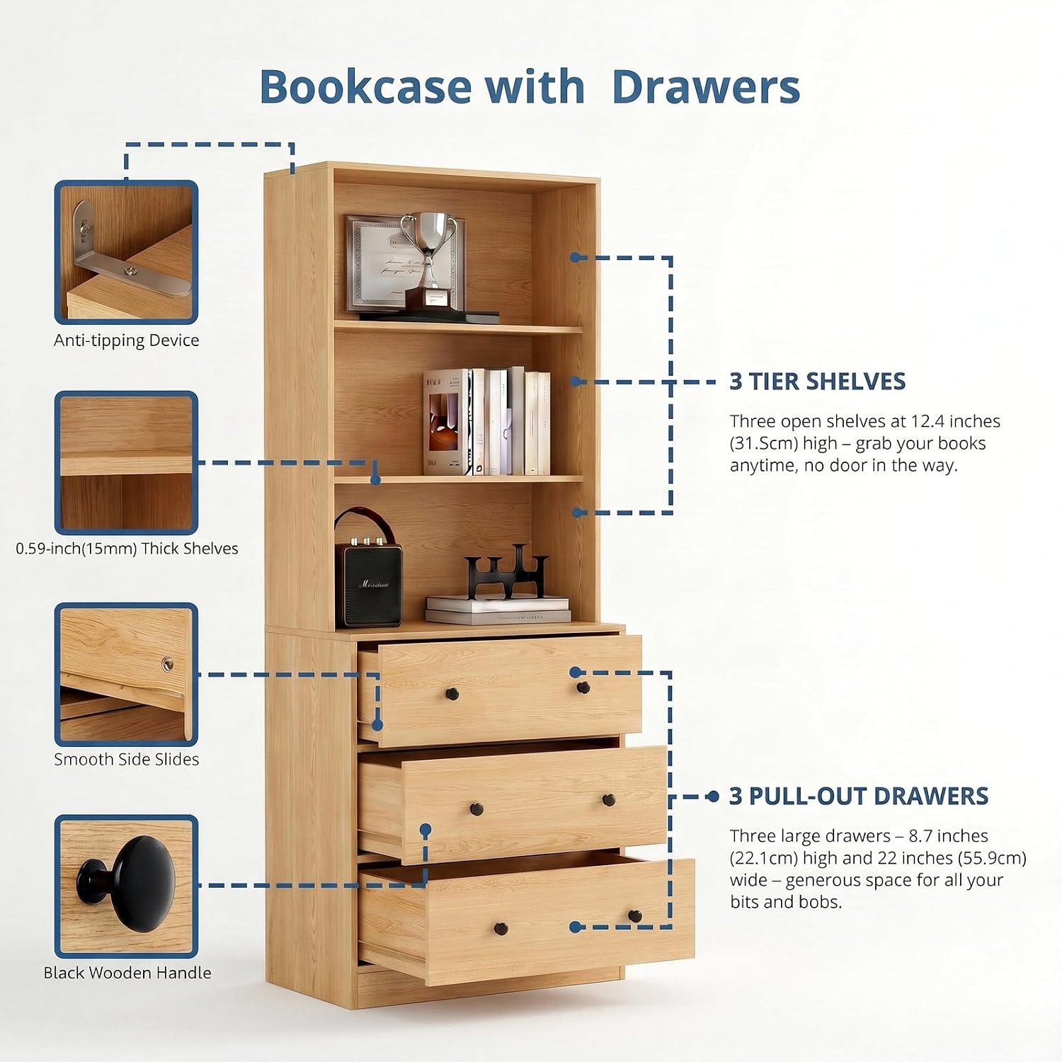 TUSY 71" H Bookcase with Storage | 6-Tier Modern Bookshelf with Drawers, Display Bookcase with Glass Doors, White Curio Cabinet for Home Office, Living Room