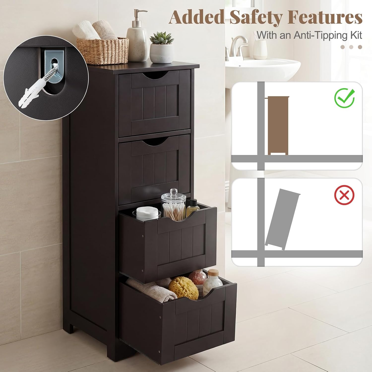 Tangkula Bathroom Floor Cabinet, Freestanding Narrow Side Storage Organizer with 4 Drawers, Multifunctional Towel Cabinet with Anti-Tip Kit for Living Room Laundry Entryway (4 Drawers, White)