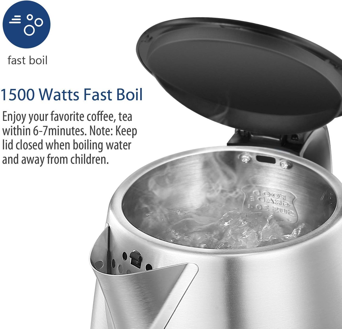 Comfee 1.7L Stainless Steel Electric Tea Kettle, BPA-Free Hot Water Boiler, Cordless with LED Light, Auto Shut-Off and Boil-Dry Protection