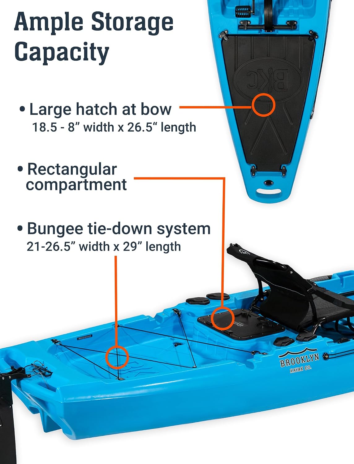 BKC Brooklyn 12.5 Pro Pedal Fishing Kayak, Propeller Drive | Hands-free propeller drive, rudder steering, 550 lb capacity, dry storage, rod holders, 12.5 ft sit-on-top hull