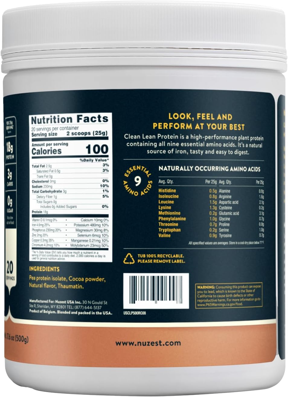Nuzest Clean Lean Protein - Vegan Pea Protein Powder Rich Chocolate 1.1 lb | 20 Servings with 18g Protein Plant Based Protein Powder, Only 4 Ingredients, Dairy Free, Gluten Free, GMO Free, Protein Shake