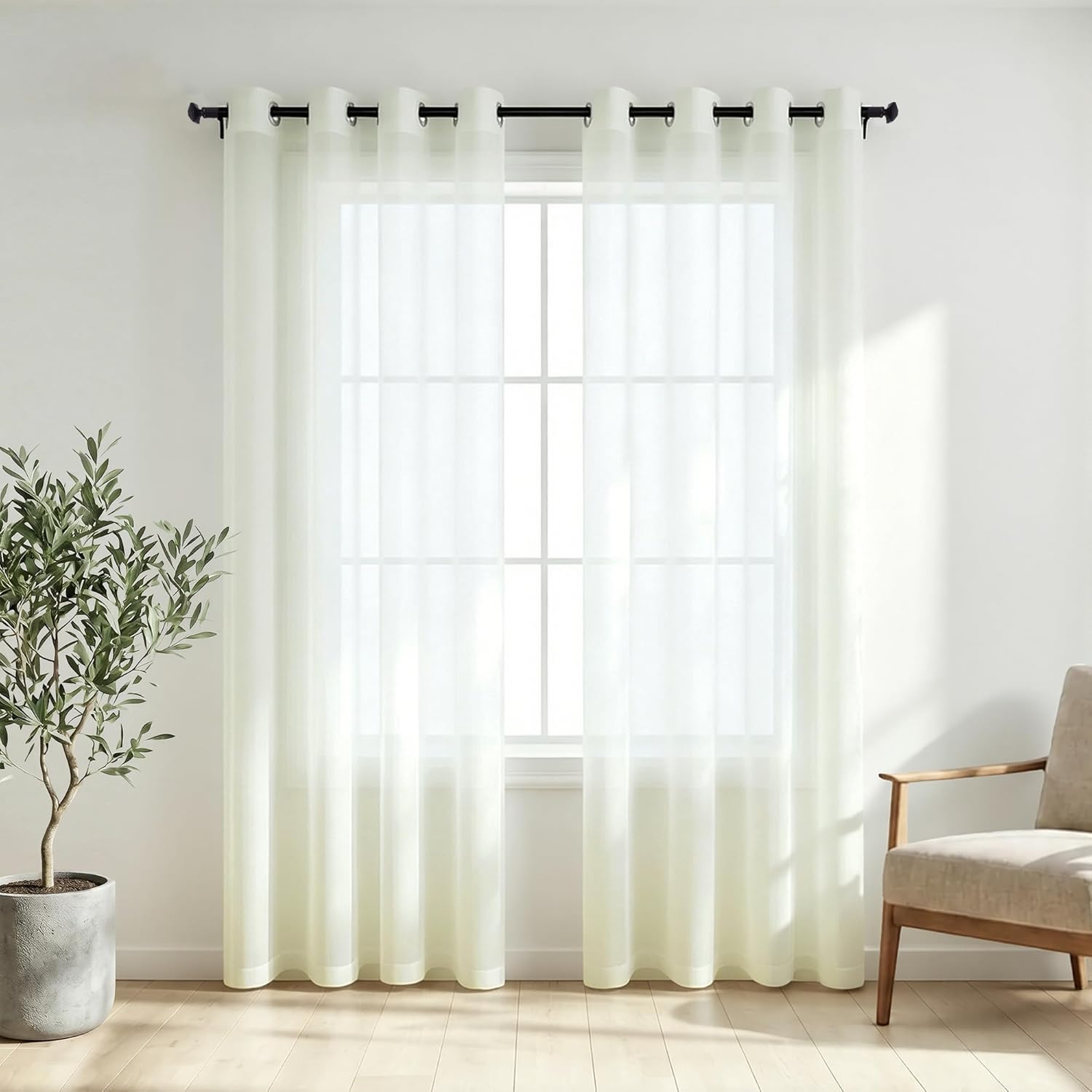 KOUFALL White Sheer Curtains 72 Inches Long for Bedroom Set of 2 Panels Grommet Faux Linen Window Voile Semi Baisc Decorative Sheer Curtains for
