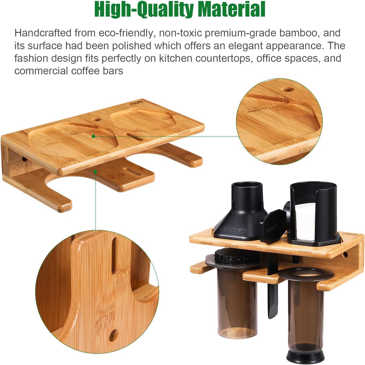 Space Saving Organizer Wall Mount for Aeropress set, Polished Bamboo